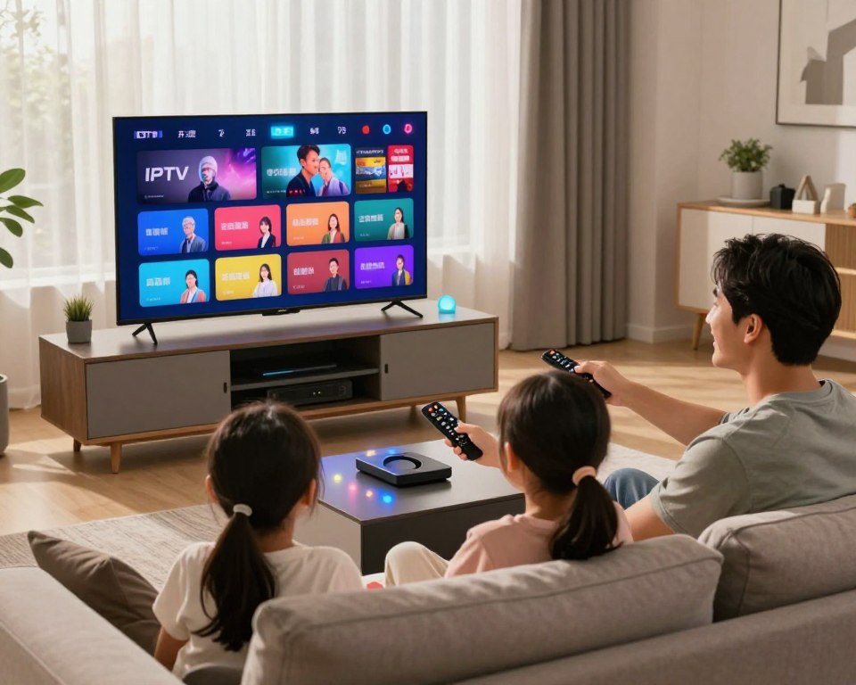 A modern living room setting with a sleek television displaying vibrant colors, showcasing various IPTV channels. In the foreground, a family of four, dressed in modest casual clothing, is seated on a comfortable sofa, joyfully interacting with a smart remote control. In the middle ground, a stylish entertainment unit holds multimedia devices, with bright LED lights adding a tech-savvy ambiance. In the background, large windows filter in soft natural light, creating a warm atmosphere. The scene captures the essence of enjoying IPTV at home, highlighting the convenience and variety it offers. The composition feels inviting and cozy, emphasizing a connected family experience. Soft shadows and a focus on warm color tones enhance the welcoming mood of the image.