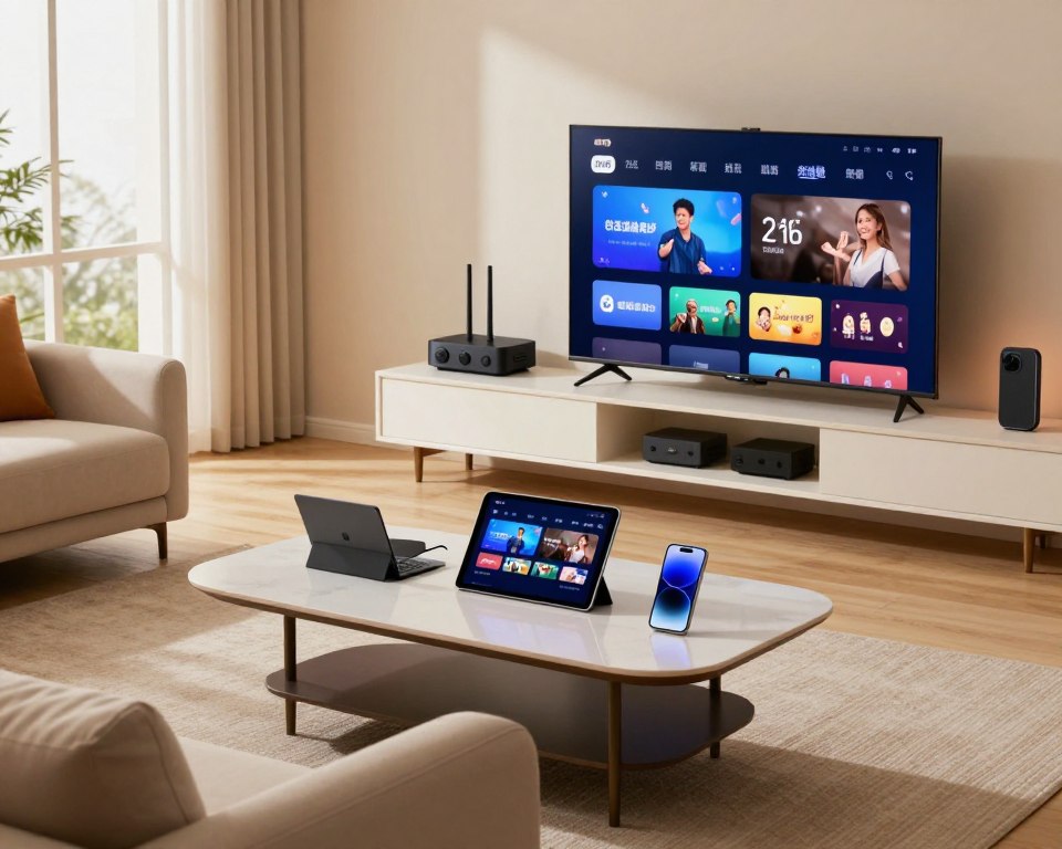 A modern living room setup, featuring a comfortable sofa with a sleek coffee table, where different devices such as a smart TV, tablet, and smartphone are seamlessly connected for streaming. In the foreground, the devices are illuminated by soft ambient lighting, creating a cozy atmosphere. The middle layer includes shelves lined with streaming devices and the logo of a streaming service subtly displayed. The background shows a window with natural light pouring in, giving a bright and inviting feel to the room. The composition captures a sense of harmony and compatibility between modern technology and home entertainment. The mood is warm and inviting, showcasing connectivity and the joy of shared experiences with streaming devices.
