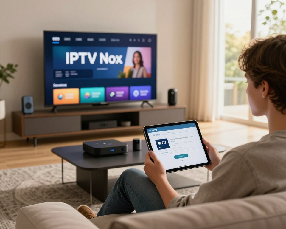 A modern living room setup featuring a sleek, high-definition television displaying an IPTV Nox interface. In the foreground, a user is attentively following an installation guide on a tablet, clearly showing steps for setting up IPTV Nox. This person is dressed in smart casual attire, sitting comfortably on a stylish sofa. The middle ground includes a coffee table with tech gadgets and streaming devices, accentuating the theme of connectivity and modern entertainment. Soft, warm lighting fills the room, creating an inviting and intimate atmosphere. In the background, a bright window reveals a sunny day outside, adding a touch of liveliness to the scene. The overall mood is focused and instructional, ideal for a tech-savvy audience.