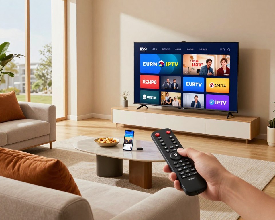 A modern living room setup featuring a sleek, high-tech television displaying vibrant streaming content, symbolizing exceptional broadcast quality. In the foreground, a comfortable sofa faces the TV, adorned with stylish cushions, while a hand reaches for a remote control, suggesting user engagement. In the middle, a coffee table holds snacks and a smartphone displaying the Euro IPTV app, indicating user interactivity and satisfaction. The background showcases a large window with daylight streaming in, illuminating the cozy space. The room has warm, inviting colors with a contemporary design. The atmosphere feels lively and engaging, reflecting an enjoyable TV experience. Soft shadows enhance the aesthetic, creating depth and focus on the TV and its content.