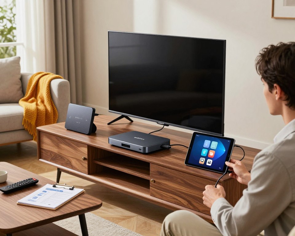 A modern living room setup featuring various compatible IPTV devices, such as a sleek streaming box, a smart TV, and a tablet, arranged on a stylish wooden media console. In the foreground, focus on a tech-savvy person in professional attire, confidently connecting the devices with cables. The middle ground includes a cozy sofa with a vibrant throw and a coffee table with a remote control and a notepad detailing installation steps. The background showcases a well-lit room through large windows, with soft natural light streaming in, highlighting the devices. The atmosphere is inviting and tech-friendly, conveying the ease of setting up IPTV for a seamless viewing experience. Perfect for illustrating device compatibility and installation tips.