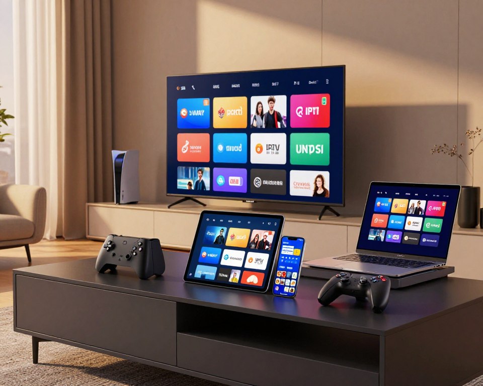 A modern living room setup featuring various streaming devices on a sleek entertainment center. In the foreground, display a smart TV showing colorful streaming service icons. In the middle, include a tablet and smartphone side by side, both displaying an IPTV app interface. Surrounding them, add a laptop with streaming options visible on the screen, and a gaming console, emphasizing their compatibility. The background should have a cozy ambiance, with soft warm lighting from a nearby window, casting gentle shadows. Utilize a wide-angle lens to capture the entire setup harmoniously. The mood is inviting and tech-savvy, illustrating a seamless integration of diverse devices for streaming entertainment.