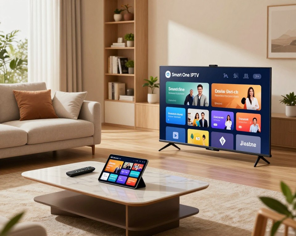 A modern living room setup showcasing Smart One IPTV functionalities. In the foreground, a sleek, high-tech smart TV displays an intuitive user interface with vibrant streaming content categories. A stylish coffee table holds a remote control alongside a digital tablet displaying various streaming apps. In the middle ground, a cozy sofa with plush cushions invites viewers to relax and enjoy entertainment. The background features a well-lit room with elegant decor, including bookshelves and potted plants, enhancing the inviting atmosphere. Soft natural lighting filters through large windows, casting gentle shadows, while a camera angle captures a slightly elevated perspective, emphasizing the comfort and modernity of the space. The overall mood is warm, friendly, and engaging, reflecting the cutting-edge technology of Smart One IPTV.