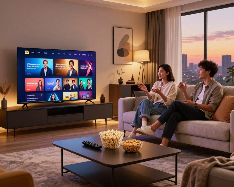 A modern living room setup showcasing a high-definition television displaying vibrant streaming content in 4K quality. In the foreground, a sleek coffee table with a remote control and snacks like popcorn. The middle ground features a comfortable sofa with plush cushions, where two people, dressed in smart casual clothing, are engaged in an animated discussion while watching their favorite show. The background includes stylish decor, soft ambient lighting enhancing the atmosphere, and a large window revealing a city skyline at sunset. The room is filled with warm tones to evoke a cozy, inviting mood, emphasizing the advantages of streaming in HD and Ultra High Definition.