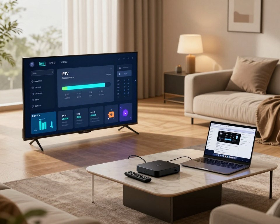 A modern living room setup showcasing a television testing configuration. In the foreground, there’s a sleek flat-screen TV displaying a detailed interface for IPTV testing, complete with a progress bar and quality metrics. Next to the TV, a professional laptop is open, showing a network diagnostics tool. In the middle, a stylish coffee table holds various electronic devices, such as a streaming box and remote controls, neatly arranged. The background features a cozy seating area with plush sofas, minimalistic decor, and soft ambient lighting creating a relaxed atmosphere. Use natural lighting from a large window, casting warm tones throughout the space. Capture the image from a slightly elevated angle, emphasizing the organized setup and the inviting feel of the room.