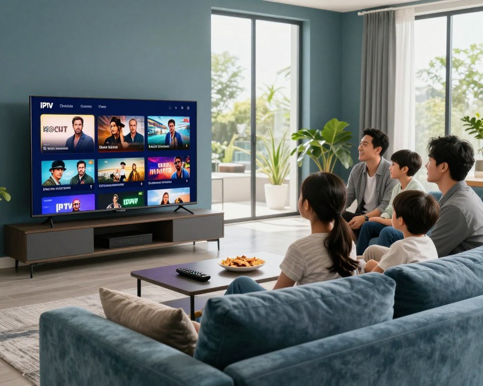 A modern living room showcasing a sleek flat-screen TV displaying a vibrant menu of premium IPTV channels. In the foreground, a stylish sofa with plush cushions invites viewers to relax, while a coffee table holds a remote and snacks. In the middle ground, a family of four, dressed in comfortable but professional attire, eagerly gather around the TV, engaged in selecting their favorite show. The background features large windows with natural light streaming in, illuminating the room and creating a warm, inviting atmosphere. The color palette consists of calming blues and greens, enhancing the sense of comfort and entertainment. The scene exudes enthusiasm and satisfaction, highlighting the joy of premium IPTV viewing experiences.