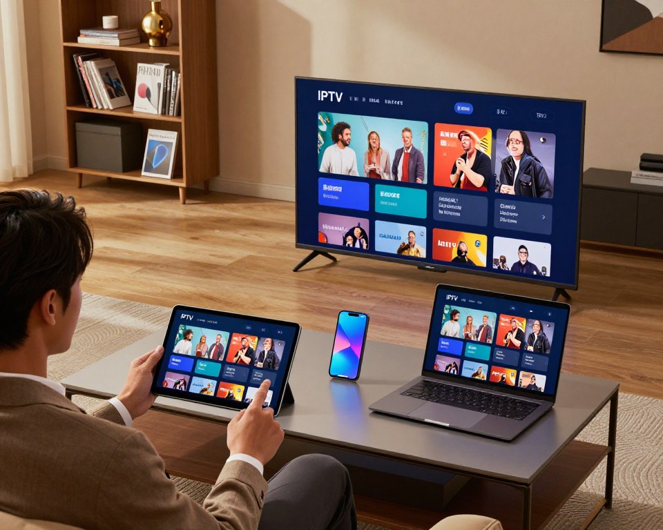 A modern living room showcasing a variety of devices compatible with IPTV, such as a smart TV, tablet, smartphone, and laptop, elegantly arranged on a stylish coffee table. In the foreground, a well-dressed professional is using the tablet, demonstrating ease of access to IPTV services. The middle ground features the sleek TV displaying vibrant, colorful content. Soft, warm lighting creates a welcoming atmosphere, emphasizing the devices' user-friendly interfaces. In the background, a contemporary bookshelf filled with tech magazines and decorative items adds depth to the scene. The overall mood is inviting and informative, illustrating the seamless integration of IPTV across multiple devices. The image is shot with a slight overhead angle to capture the entire setup.