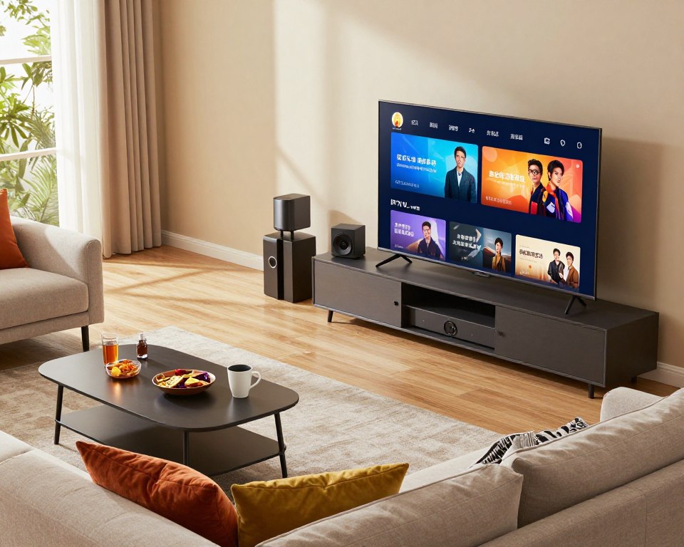 A modern living room showcasing an affordable and high-quality IPTV setup. In the foreground, a sleek flat-screen television displays vibrant streaming content. Around the TV, a comfortable sofa is adorned with colorful cushions, emphasizing a cozy atmosphere. To the left, a small coffee table holds snacks and drinks, indicating a casual viewing experience. In the middle ground, a stylish entertainment unit features various gadgets, symbolizing technological advancement and value. The background reveals a window with natural light streaming in, creating an inviting and warm ambiance. The overall mood conveys satisfaction and comfort, highlighting the balance of quality and affordability in a contemporary home setting. Soft lighting enhances the inviting feel of the scene, captured with a slightly elevated angle to showcase the room’s layout effectively.