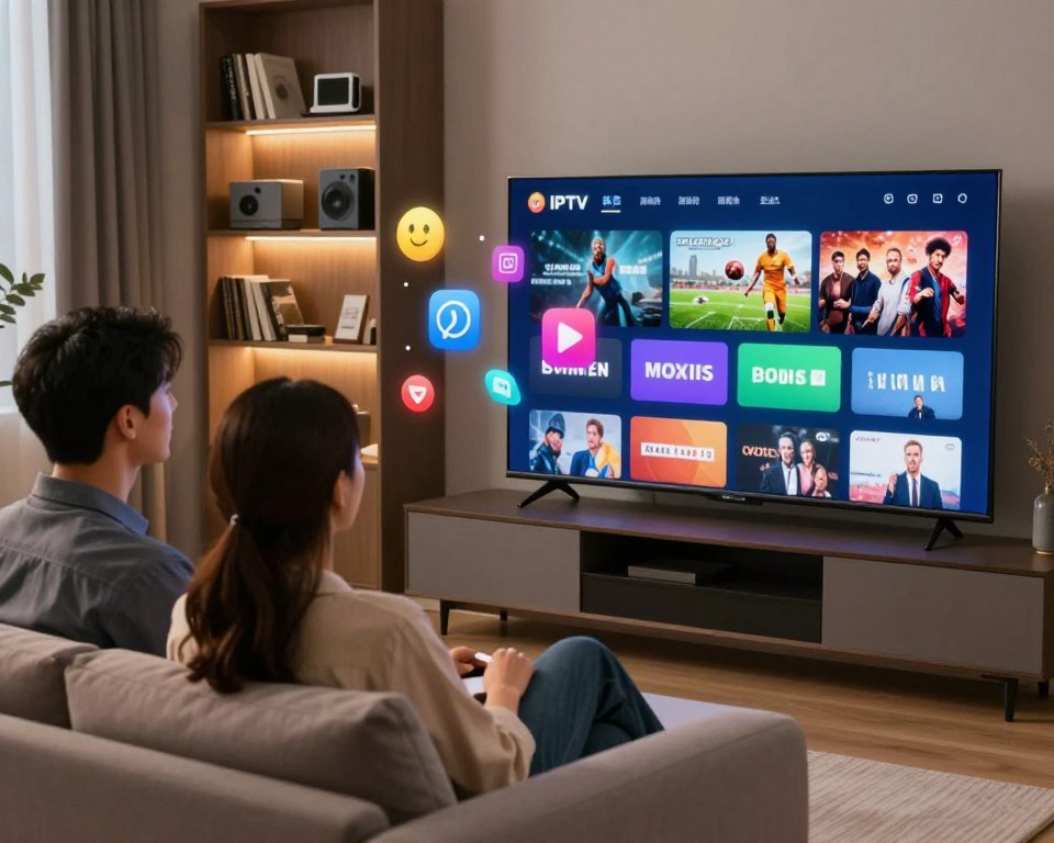 A modern living room showcasing the advantages of IPTV flexibility. In the foreground, a professional couple, dressed in business casual attire, is comfortably seated on a sleek couch, engrossed in watching a diverse array of streaming content on a large smart TV. In the middle, vibrant visuals of various streaming service icons float around, representing flexibility in viewing choices—movies, sports, and TV shows. The background features a stylish bookshelf with technology gadgets and surrounded by cozy ambient lighting, creating a warm and inviting atmosphere. Use a soft focus on the couple while highlighting the colorful streaming icons with a sharp focus, ensuring a balanced composition that conveys the ease and benefits of IPTV choices.
