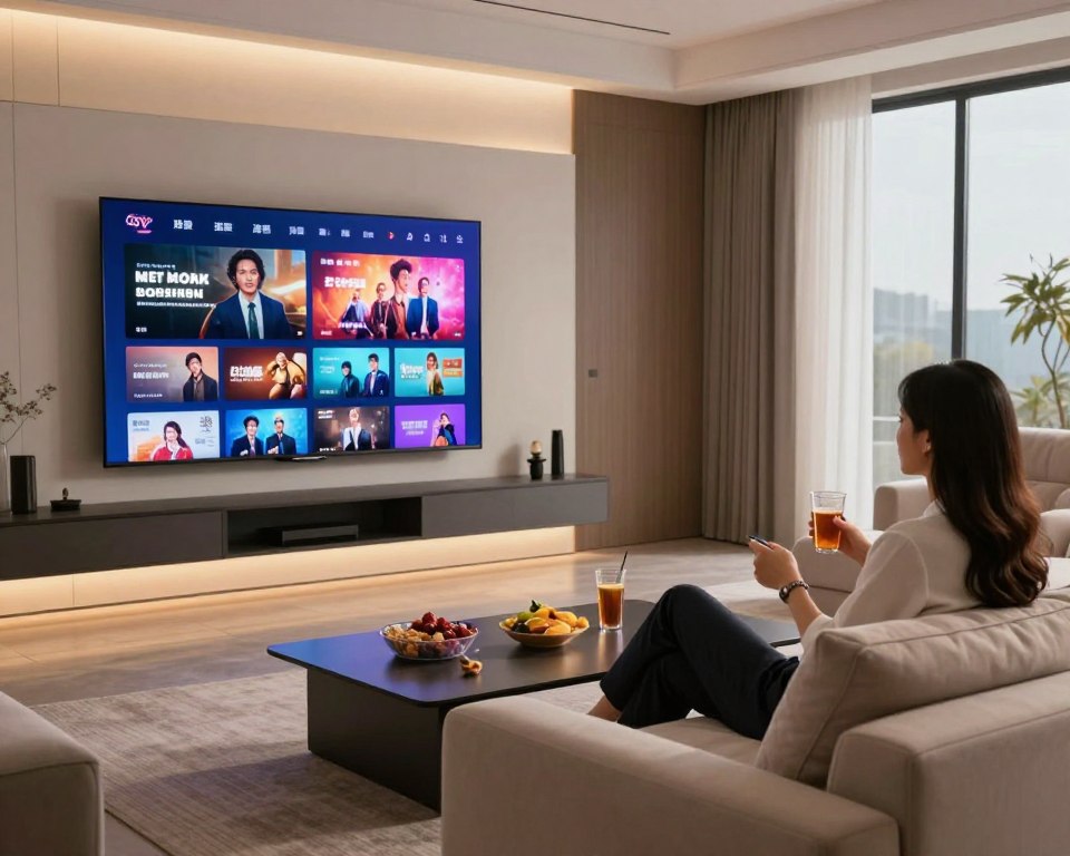 A modern living room showcasing the benefits of premium television subscriptions. In the foreground, a stylish, comfortable sofa with a sleek coffee table, adorned with snacks and drinks. A large flat-screen TV mounted on the wall displays vibrant streaming content, illustrating high-quality visuals. In the middle, a young couple in professional attire enjoying their viewing experience, engrossed in the rich imagery of a movie or series. The background features soft, ambient lighting, creating a cozy atmosphere with warm tones. Large windows allow natural light to filter in, enhancing the inviting feel of the space. The overall mood is relaxed and indulging, emphasizing luxury and quality entertainment.