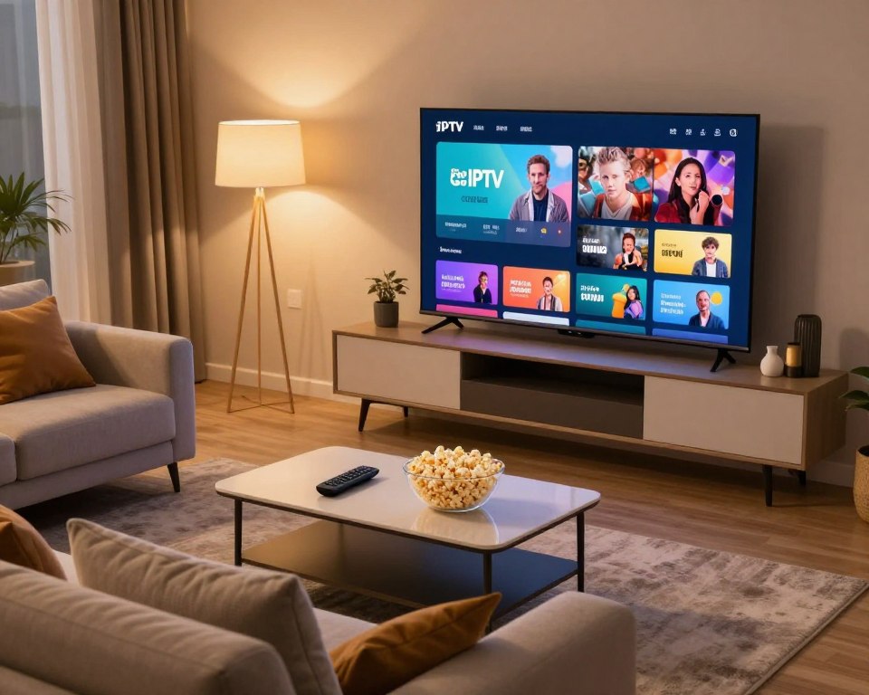 A modern living room with a large flat-screen TV displaying various IPTV service options on the screen, showcasing vibrant interface graphics. In the foreground, a comfortable sofa adorned with plush cushions invites relaxation. To the side, a sleek coffee table holds a remote control and a bowl of popcorn, suggesting a cozy viewing experience. The middle ground features a stylish entertainment unit with decorative items, enhancing the contemporary decor. The background is softly lit with warm, ambient lighting, casting a welcoming glow throughout the room. The overall atmosphere is inviting and engaging, emphasizing the appeal of enjoying a free IPTV trial with family or friends. The composition is balanced, using a slightly elevated angle to capture the entire scene effectively while maintaining a focus on the screen's content.