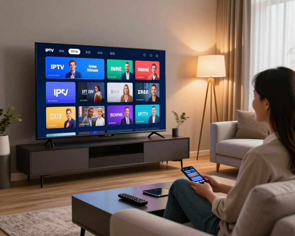 A modern living room with a large flat-screen television displaying an array of IPTV service options, showcasing multiple channel logos and vibrant streaming content. In the foreground, a sleek coffee table holds a remote control and a smartphone, emphasizing user interaction with the service. The middle ground features a comfortable sofa with a person in business casual attire, happily browsing through the IPTV menu on the TV. The background includes cozy decor, soft lighting from stylish lamps, and a window with natural light casting a warm glow, creating an inviting atmosphere. The overall mood is modern and engaging, highlighting the appeal of diverse IPTV packages suitable for all viewers.