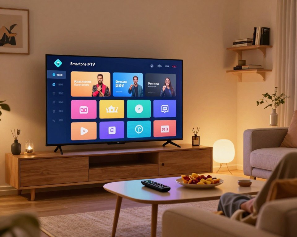 A modern navigation interface for television, prominently displayed on a sleek flat-screen TV in a cozy living room setting. The foreground features a vibrant, user-friendly menu interface with colorful icons representing various TV channels and streaming options. In the middle, a stylish coffee table filled with a remote control and snacks adds a casual touch, while a comfy sofa invites relaxation. The room is softly illuminated by warm ambient lighting, creating an inviting atmosphere. The background reveals a tastefully decorated wall with paintings and a shelf of books. The overall mood is relaxed and welcoming, showcasing the convenience and comfort of Smartone IPTV. Ensure the image is free of any text or branding elements, maintaining a focus on the navigation interface’s design and usability.