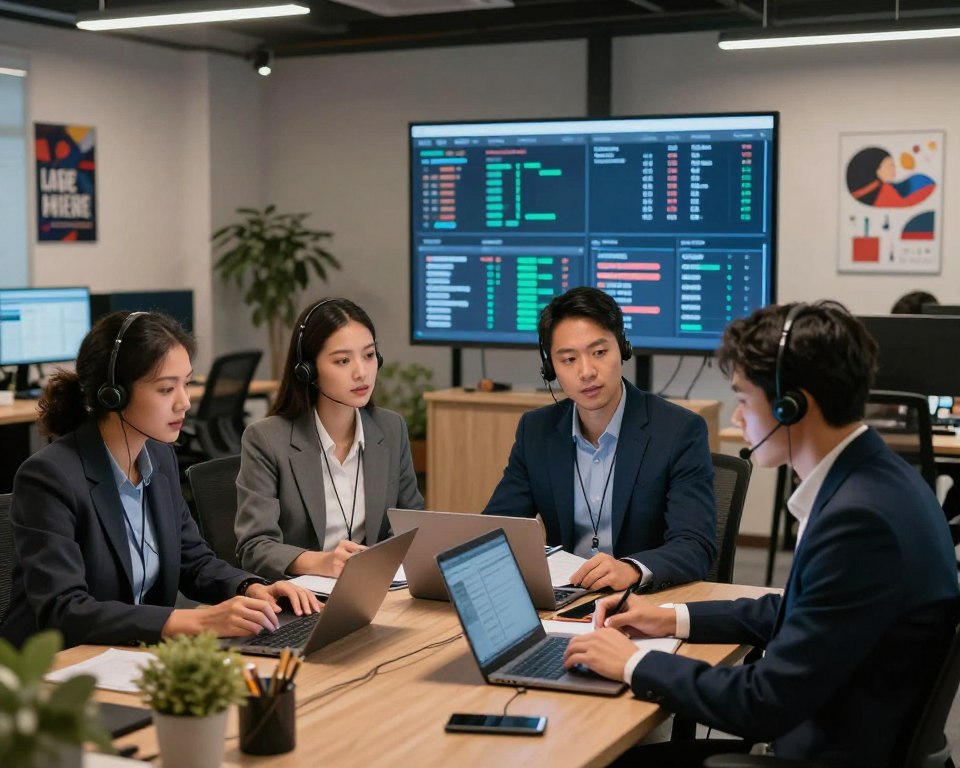 A modern office environment featuring a professional customer support team providing technical assistance. In the foreground, a diverse group of three employees in smart business attire are engaged in a discussion, with one person on a headset actively taking notes on a laptop. The middle of the scene includes a large digital screen displaying data analytics and live chat support, highlighting the team's efficiency. In the background, a well-organized workspace with desks, tech equipment, and supportive motivational posters. Soft, warm lighting creates an inviting atmosphere, while a wide-angle view captures the teamwork and dedication of the support staff. The mood is focused, attentive, and collaborative, emphasizing responsive client assistance available 24/7.