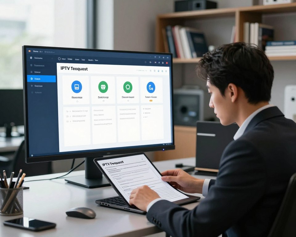 A modern office environment illustrating the IPTV testing request process. In the foreground, a professional individual in business attire is sitting at a sleek desk, reviewing IPTV test request forms on a laptop, with an expression of concentration. In the middle, a large screen displays an interface for IPTV test applications, with icons representing different channels and features. The background features shelves filled with technology books and equipment, hinting at a tech-savvy atmosphere. Soft, natural lighting filters through a large window, casting gentle shadows. The scene captures a mood of professionalism and technological advancement, showcasing the systematic nature of the IPTV request process. The overall composition is clean and organized, emphasizing clarity and professionalism.