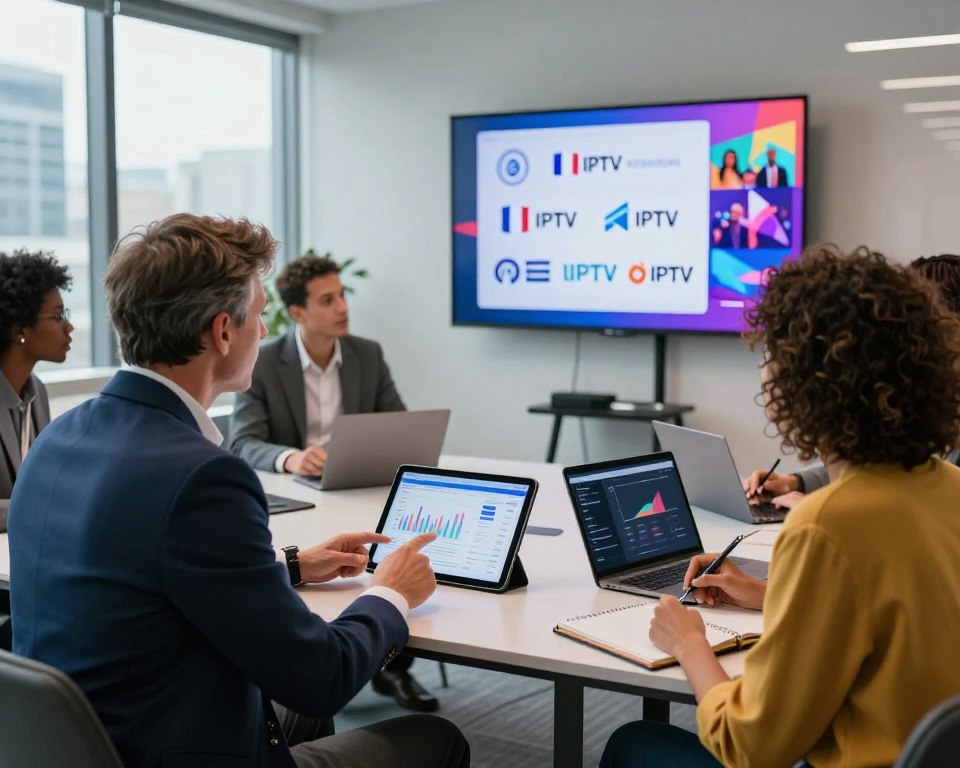A modern office environment showcasing a group of diverse professionals engaged in a lively discussion about IPTV service providers. In the foreground, a middle-aged man in a tailored suit points at a digital tablet displaying graphs and statistics related to IPTV. Beside him, a young woman in smart casual attire takes notes on a laptop. In the middle ground, a large screen on the wall displays the logos of various French IPTV providers along with vibrant streaming visuals. The background features glass windows with a cityscape view, allowing natural light to flood the space, creating an atmosphere of collaboration and innovation. The overall mood is dynamic and professional, with a focus on technology and teamwork.