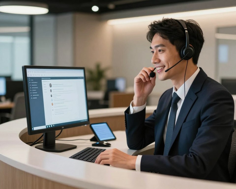 A modern office reception area, illustrating the theme of responsive customer support. In the foreground, a professional customer service representative with a friendly smile is engaged on a headset, demonstrating active listening as they assist a client. He is dressed in smart business attire. In the middle ground, a sleek desk with a computer displaying a live chat interface and a neatly organized workspace can be seen, with subtle technology elements, like smartphones and tablets. The background features a well-designed office space with soft lighting creating a warm atmosphere. The overall mood should convey professionalism, approachability, and a sense of 24/7 availability, with a balanced composition and gentle focus to emphasize the representative's attentive expression.