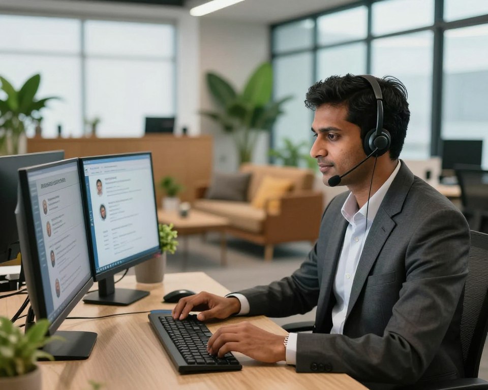 A modern office setting, featuring a professional customer support representative of South Asian descent, wearing a smart business attire, focused on assisting a client via a headset. In the foreground, a sleek computer desk with dual monitors displaying customer inquiries and assistance tools. The middle ground showcases a cozy reception area with comfortable seating and vibrant green plants, creating a welcoming atmosphere. In the background, large windows allow soft natural light to flood the room, illuminating the space and enhancing the friendly mood. The environment conveys professionalism and approachability, perfect for illustrating personalized support and client assistance in a dynamic and engaging way.