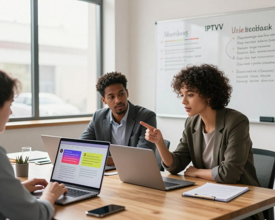 A modern office setting with a diverse group of two professionals, one male and one female, engaged in a collaborative discussion about user experiences with IPTV. The foreground features a sleek wooden table with laptops and notepads displaying user testimonials in vibrant colors. The middle ground includes a large window letting in warm, natural light that softly illuminates their focused expressions. In the background, a minimalist whiteboard showcases key points about user feedback in a visually appealing layout. The mood is productive and focused, reflecting a professional atmosphere with a hint of innovation. Use a wide-angle lens effect to capture the collaborative space while keeping the subjects well-defined and engaging. The lighting should be bright yet soft, creating an inviting and creative ambiance.