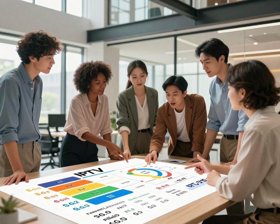 A modern, professional setting showcasing flexible IPTV subscription plans and affordable pricing. In the foreground, a neatly organized table with colorful charts and graphs illustrating various subscription tiers and pricing options. In the middle ground, a diverse group of business professionals in smart casual attire engaged in a discussion, pointing at the charts with enthusiastic expressions. The background features sleek, modern office architecture with large windows allowing soft, natural daylight to illuminate the scene, creating a welcoming and vibrant atmosphere. The entire image conveys a sense of innovation and accessibility, ideal for promoting flexible TV solutions. A warm color palette enhances the inviting mood, highlighting the concept of affordability and flexibility.