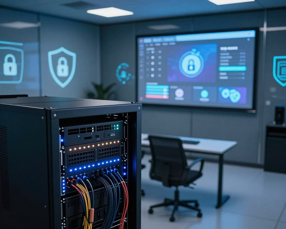 A modern, secure server room focused on IPTV technology. In the foreground, a sleek, high-tech server rack filled with blinking LED lights and well-organized cables. The middle ground showcases a large screen displaying IPTV interface security features and real-time monitoring metrics. The background features digital security icons like locks and shields projected onto glass walls. Soft, ambient lighting creates a professional atmosphere, while a subtle blue hue accentuates a sense of advanced technology. The image is captured from a slightly elevated angle, providing a comprehensive view of the room's layout, emphasizing reliability and safety. The overall mood conveys trust and innovation in IPTV services.