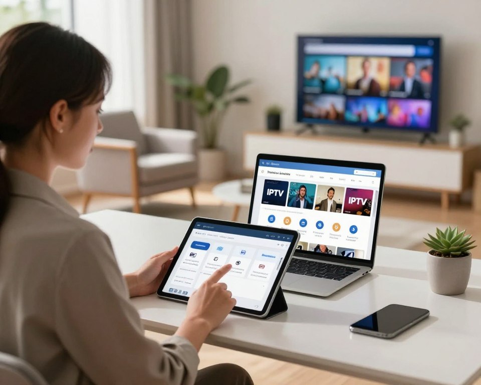 A modern, simplified subscription process is depicted in a clean, minimalist office setting. In the foreground, a professional woman in smart casual attire is seated at a sleek desk, thoughtfully reviewing a digital tablet displaying subscription options. In the middle ground, an open laptop shows a user-friendly interface with easy-to-navigate icons representing IPTV channels. The background features a softly blurred view of a stylish home environment, with a comfortable chair and a wall-mounted television showing vibrant images of popular channels. Warm, natural light streams through a window, creating an inviting atmosphere. The overall mood is focused and optimistic, portraying the ease and accessibility of the premium IPTV subscription process.