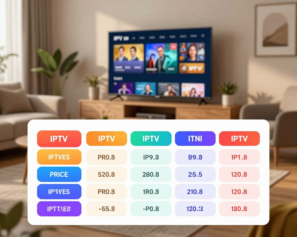 A modern, sleek digital comparison chart illustrating various IPTV subscription offers, prominently displayed in the foreground. The chart should feature colorful boxes for each subscription plan, showing key features like price, channels, and benefits. In the middle ground, include a stylized living room setup with a large smart TV displaying an IPTV interface, surrounded by a comfortable sofa and decorative elements like plants. The background should be a softly blurred image of a contemporary home environment, enhancing the indoor feel. Use warm, inviting lighting to create a cozy atmosphere, with a slight focus on the chart to convey clarity and professionalism. Capture the essence of informed decision-making regarding entertainment choices.