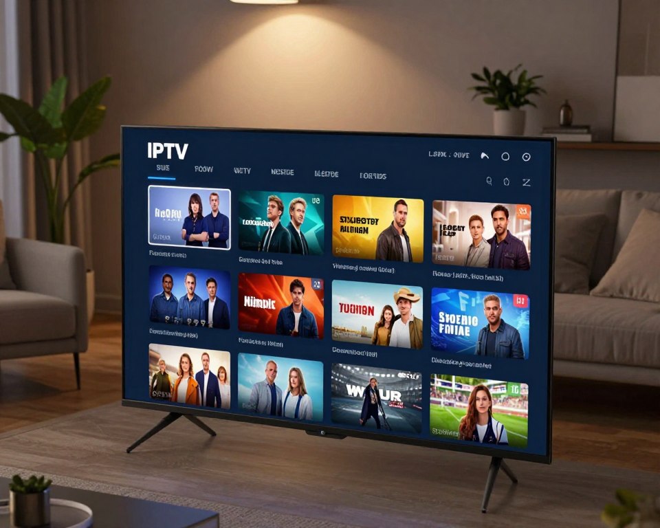 A modern, sleek digital showcase of a diverse IPTV channel catalog. In the foreground, display a high-resolution screen featuring a user-friendly interface with vibrant thumbnails of various TV shows, movies, and sports channels, all arranged in an appealing grid layout. The middle ground includes stylish furniture and a contemporary living room setting, exuding comfort and sophistication. In the background, soft ambient lighting creates a warm atmosphere, with subtle spotlights highlighting the screen and a few potted plants adding a touch of greenery. Capture the scene from a slightly elevated angle to provide a comprehensive view of the IPTV interface, emphasizing the breadth of content offerings. The mood is inviting and modern, showcasing the best of digital entertainment.