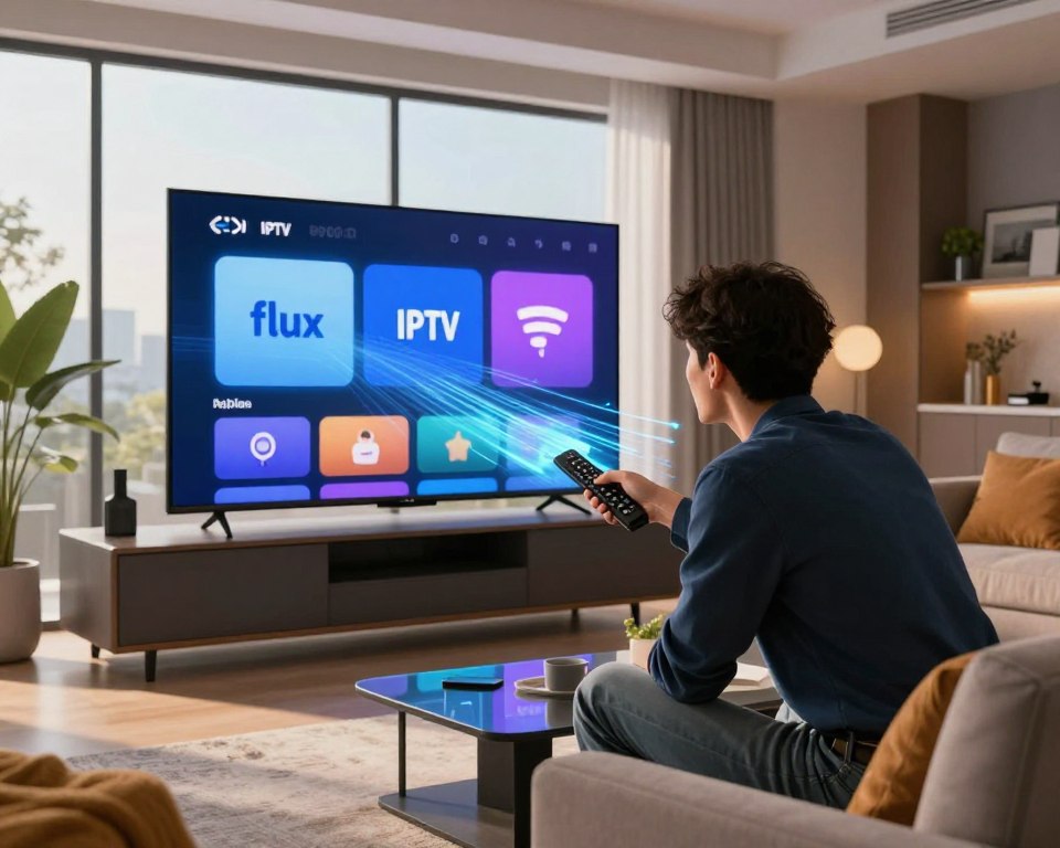 A modern, sleek living room setting featuring a large flat-screen TV displaying the Flux IPTV interface, surrounded by stylish furniture and vibrant decorations. In the foreground, an engaged viewer, dressed in smart casual attire, leans forward eagerly, holding a remote control. The middle of the scene highlights dynamic visual elements of IPTV technology, like streaming network icons and digital data flows, represented as glowing lines and shapes emanating from the TV. In the background, soft ambient lighting creates a welcoming atmosphere, with sunlight streaming through large windows. The overall mood is one of excitement and innovation, reflecting the accessibility and modernity of IPTV technology.
