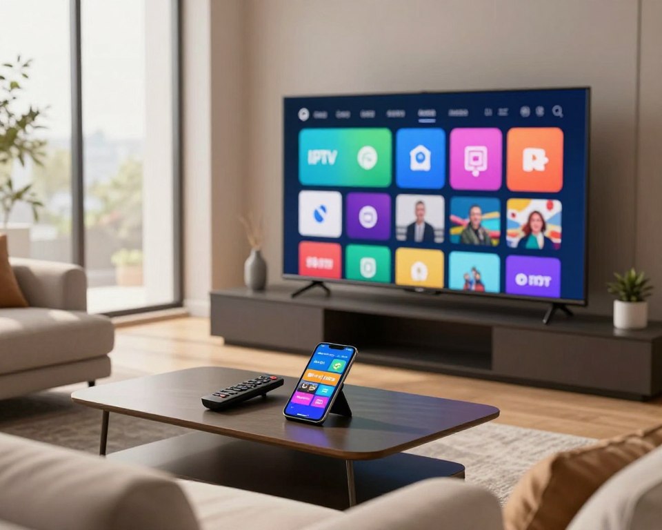 A modern, sleek living room setting with a large flat-screen TV displaying a vibrant, dynamic IPTV interface filled with colorful application icons. In the foreground, a stylish coffee table holds a remote control and a smartphone showcasing IPTV apps. A cozy couch with plush cushions is positioned directly in front of the TV. In the background, large windows allow soft, natural light to fill the room, creating a warm and inviting atmosphere. The scene captures a sense of comfort and technology integration, perfect for enjoying IPTV. The angle is slightly above eye level to provide a comprehensive view of the setup, emphasizing the modern ambiance.