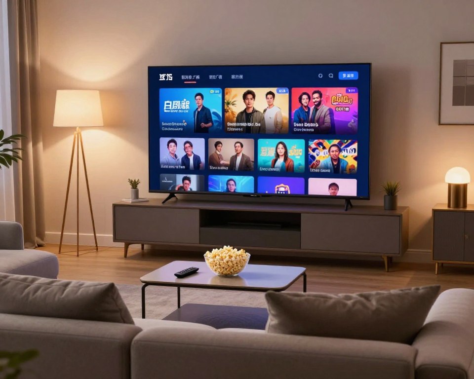 A modern, sleek living room setting with a large flat-screen television displaying vibrant streaming content. In the foreground, a cozy, stylish sofa with plush cushions, suggesting comfort and relaxation. The middle ground features a small coffee table with a bowl of popcorn and a remote control, implying an inviting atmosphere for streaming. The background includes soft, ambient lighting from elegant floor lamps, casting a warm hue over the scene. The overall mood is one of tranquility and enjoyment, emphasizing the stability and fluidity of the streaming service. Capture the image using a wide-angle lens to encompass both the inviting living space and the striking television display, ensuring a professional look devoid of any text or branding elements.