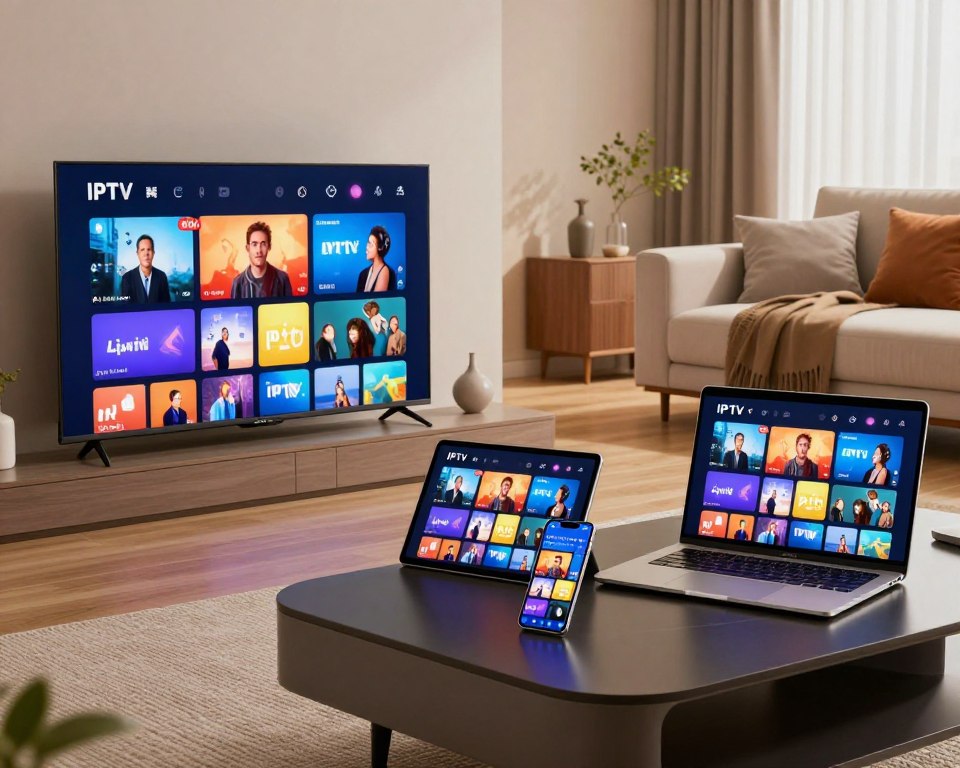 A modern, sleek living room setting with various devices showcasing multi-device compatibility. In the foreground, a smart TV and a laptop display IPTV content side by side, with vibrant colors illuminating the screens. In the middle, a tablet and smartphone on a stylish coffee table streaming the same channel, highlighting seamless integration. The background features a cozy sofa and tasteful decor, creating an inviting atmosphere. Soft, warm lighting bathes the scene, enhancing the tech-savvy environment. The angle is slightly elevated, giving a comprehensive view of the devices, with a focus on their interaction. The mood is modern and tech-friendly, suggesting ease of use and versatility across devices.