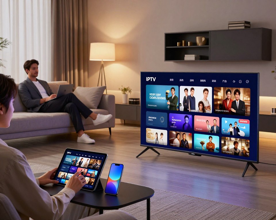 A modern, sleek living room showcasing multiple devices streaming content. In the foreground, a stylish smart TV displays vibrant IPTV channels with a diverse array of shows. To the left, a tablet and smartphone are both visible, indicating seamless multi-device compatibility, with a user interacting on the tablet. The middle ground features a comfortable sofa with soft cushions where a professional individual in smart business attire enjoys the IPTV experience, relaxed yet engaged. The background includes a cozy ambiance with soft lighting, highlighting a wall-mounted entertainment center. Using a wide-angle perspective captures the scene effectively, enhancing the atmosphere of connectivity and convenience in multi-device environments.