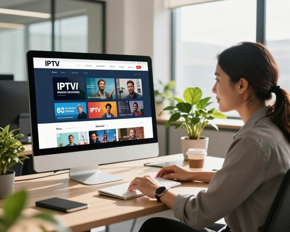A modern, sleek office environment with a large computer screen displaying an interactive IPTV subscription renewal interface. In the foreground, a focused business professional in smart casual attire is attentively reviewing the options, with a look of satisfaction. The middle ground features a stylish desk with a notebook, a cup of coffee, and vibrant greenery, creating a warm atmosphere. In the background, soft natural daylight streams through large windows, illuminating the space, and casting gentle shadows. The overall mood conveys convenience and efficiency, inviting the viewer to envision a seamless renewal process for their favorite IPTV channels. The image should capture clarity and professionalism without any text or logos.