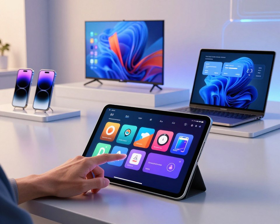 A modern user interface displayed on a sleek tablet, showcasing compatibility with various devices like smartphones, smart TVs, and laptops. The tablet sits on a minimalist desk with a clean, tech-inspired design. In the foreground, a hand interacts with the interface, tapping on vibrant icons representing different device options. The middle ground features an elegant arrangement of the compatible devices, all displayed in a stylish manner. The background includes soft lighting with a futuristic ambiance, highlighting the tech-savvy environment. The scene creates a professional and innovative atmosphere, symbolizing seamless connectivity and user-friendly technology.