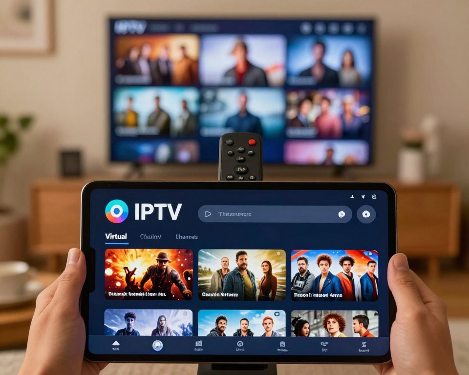 A modern, visually striking layout showcasing a virtual IPTV catalogue for channels, movies, and series. In the foreground, feature an elegantly designed digital interface displaying a selection of vibrant thumbnails representing diverse genres – action, drama, and comedy. In the middle layer, include a stylish remote control and a tablet, indicating user interaction with the catalogue. The background should depict a cozy living room setting, subtly illustrated with a large screen showcasing a selection of film stills in soft focus. Warm lighting creates an inviting atmosphere, with a slight depth of field emphasizing the foreground items. Capture a sense of exploration and excitement as viewers navigate through their entertainment options.