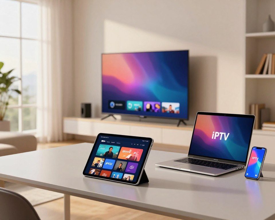 A modern, well-organized home office setup featuring various devices compatible with IPTV, such as a smart TV, tablet, laptop, and smartphone, positioned elegantly on a sleek desk. In the foreground, focus on the tablet displaying a vibrant IPTV interface. The middle ground showcases the smart TV on the wall, casting a soft, inviting glow, while the laptop and smartphone nearby emphasize portability. The background features a bright, airy room with large windows letting in natural light, enhancing a sense of comfort and productivity. Use warm, balanced lighting to create a welcoming atmosphere, capturing the essence of modern technology integration in everyday life, from a slightly elevated angle for a comprehensive view.