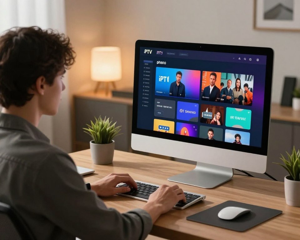 A modern workspace featuring a sleek desktop computer displaying an IPTV interface on the screen. In the foreground, a focused individual in professional attire is engaged with the computer, intently navigating through channels and settings. The middle background shows a comfortable home office environment with minimalistic decor, plants, and a soft, ambient light filtering through a window. The overall atmosphere is productive yet cozy, emphasizing the ease of optimizing one's IPTV experience. Soft shadows and warm lighting create a welcoming mood, while the camera angle is slightly elevated, providing a clear view of both the person and the vibrant screen. The image should feel inviting and tech-savvy, reflecting the theme of enhancing one’s IPTV viewing experience.