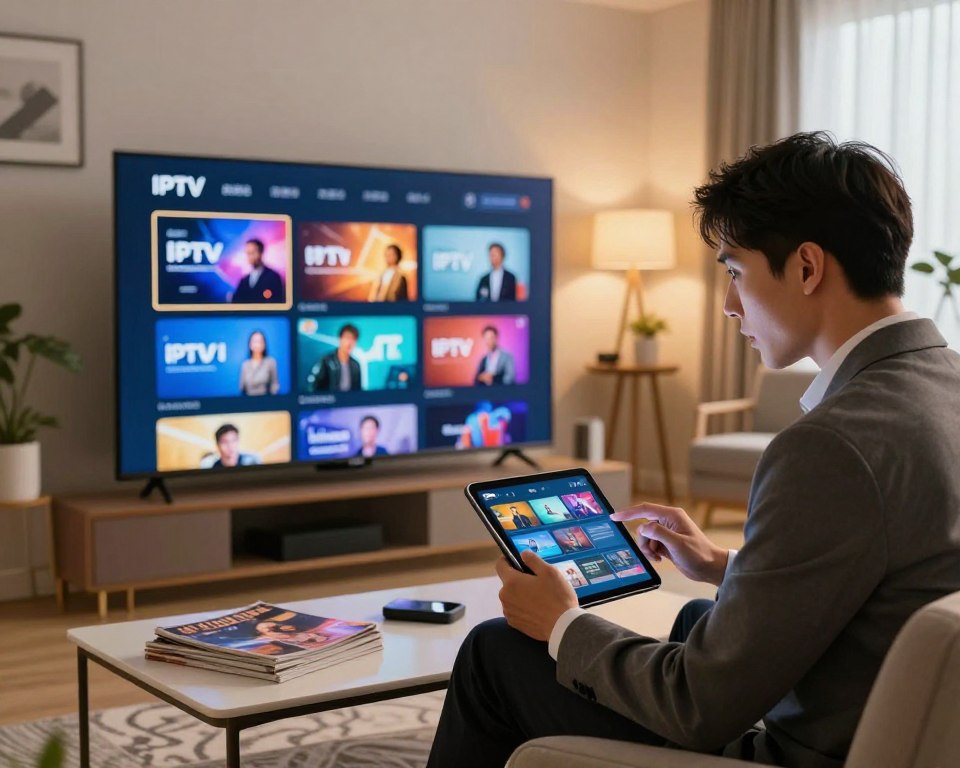 A modern workspace featuring a sleek flat-screen TV displaying a vibrant IPTV interface. In the foreground, a professional in business attire, focused on a tablet, explores various IPTV options, with a look of curiosity and excitement. Soft, warm lighting bathes the scene, creating an inviting atmosphere. The middle ground includes a stylish coffee table with magazines about technology and entertainment, while the background shows a contemporary living room with cozy furniture and artwork, hinting at a comfortable viewing environment. A large window allows natural light to stream in, adding to the overall mood of relaxation and discovery. The image should evoke a sense of innovation and enthusiasm for free IPTV trials.