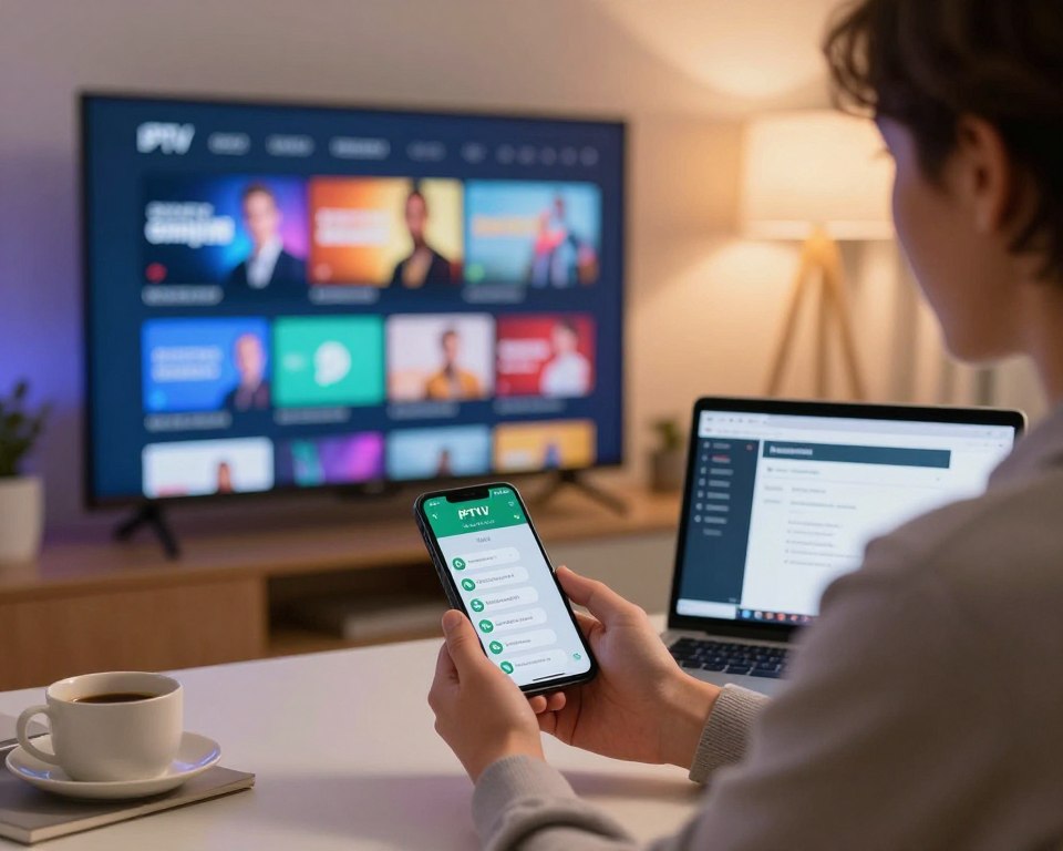 A modern workspace setup featuring a smart television displaying streaming service options. In the foreground, a professional-looking individual dressed in business casual attire is holding a smartphone open to a WhatsApp chat, showcasing a friendly support conversation. The middle area depicts the television emitting a soft glow, hinting at a vibrant IPTV interface, while a laptop with IPTV testing software is placed on the desk beside the phone. In the background, a cozy room ambiance created by soft, warm lighting adds to a welcoming atmosphere. The scene is shot from an angle that highlights both the television and the individual, conveying a sense of connectivity and support through technology.