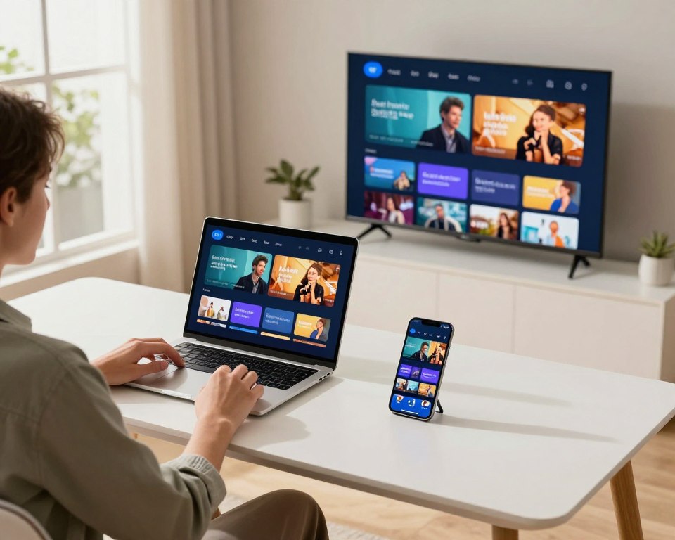A modern workspace showcasing multi-device compatibility for IPTV streaming, featuring a sleek, minimalist desk with a laptop, a tablet, and a smartphone all displaying the same vibrant streaming interface. In the foreground, a person in smart casual attire is seated, comfortably interacting with the devices, exemplifying ease of use. The middle ground includes a stylish TV, connected seamlessly, showing high-definition content. The background reveals a well-lit room with natural light filtering through large windows, casting a warm, inviting glow. The overall atmosphere is one of innovation and simplicity, illustrating a streamlined installation process. Focus is on clarity, highlighting both technology and user engagement without distractions, and the image is captured from a slightly elevated angle for a comprehensive view.