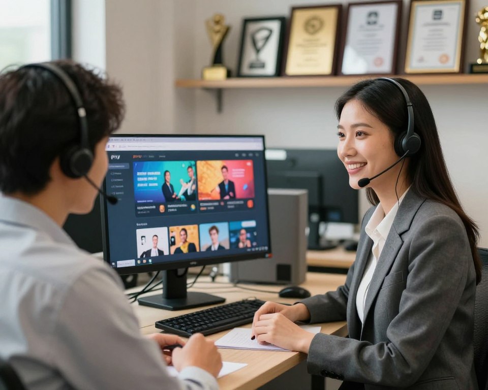 A professional customer support scenario for IPTV services, featuring a well-lit office environment. In the foreground, a friendly customer service representative in smart business attire is seated at a desk, interacting with a client via headset, showing attentiveness and professionalism. The middle ground displays a computer screen showcasing an IPTV interface with vibrant streaming options. In the background, there are shelves filled with technology awards and certification plaques, illustrating the company's credibility. Soft, natural lighting creates a warm atmosphere, while a slight depth of field draws focus to the representative's engaging expression. The overall mood is one of reliability and expertise in customer service for a seamless streaming experience.