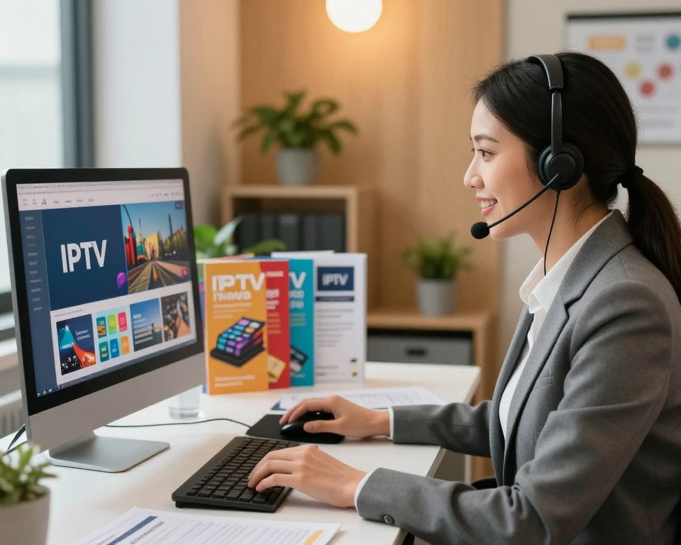 A professional customer support setting for an IPTV service, featuring a well-dressed customer service representative with a friendly demeanor, seated at a modern desk with a headset on. In the foreground, focus on the representative engaged in a conversation, displaying a computer screen with IPTV interface visuals. The middle ground includes a variety of colorful brochures and informative materials about IPTV services, arranged neatly on the desk. In the background, a stylish office interior with warm lighting and potted plants creates a welcoming atmosphere. The scene should evoke a sense of trust and professionalism, highlighting the importance of customer assistance in a tech-driven environment. Soft, natural light enhances the inviting mood, captured with a slight depth of field focus.