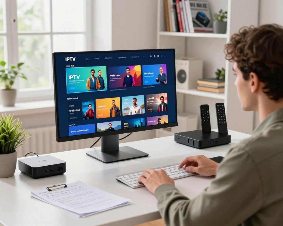 A professional, modern workspace featuring a sleek computer desk with a high-resolution monitor displaying IPTV subscription options and features. In the foreground, a person in smart casual attire, intently examining the screen, surrounded by papers and a notepad filled with notes. The middle ground showcases a vibrant collection of IPTV devices, such as streaming boxes and remote controls, artfully arranged with a small potted plant for a touch of greenery. The background features a well-organized bookshelf with tech magazines and a window with daylight streaming in, creating a bright and inviting atmosphere. The lighting is soft yet clear, enhancing the focus on the monitor and the subject, evoking a sense of professionalism and determination in selecting the best IPTV subscription.