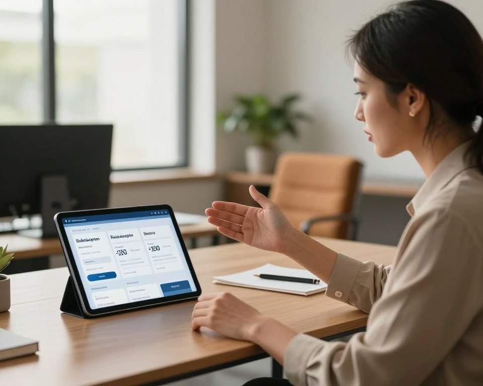 A professional office environment featuring a sleek, modern desk with a digital tablet showing various subscription options, such as pricing tiers and customizable plans. In the foreground, a confident business professional dressed in smart casual attire is gesturing towards the screen, explaining the tailored subscription choices. The middle ground includes a comfortable chair and a small plant, adding warmth to the setting. The background features large windows with natural light streaming in, casting a soft glow that enhances a productive atmosphere. Use a warm color palette to create an inviting mood. The overall image should convey a sense of innovation and flexibility in subscription options tailored for viewers.