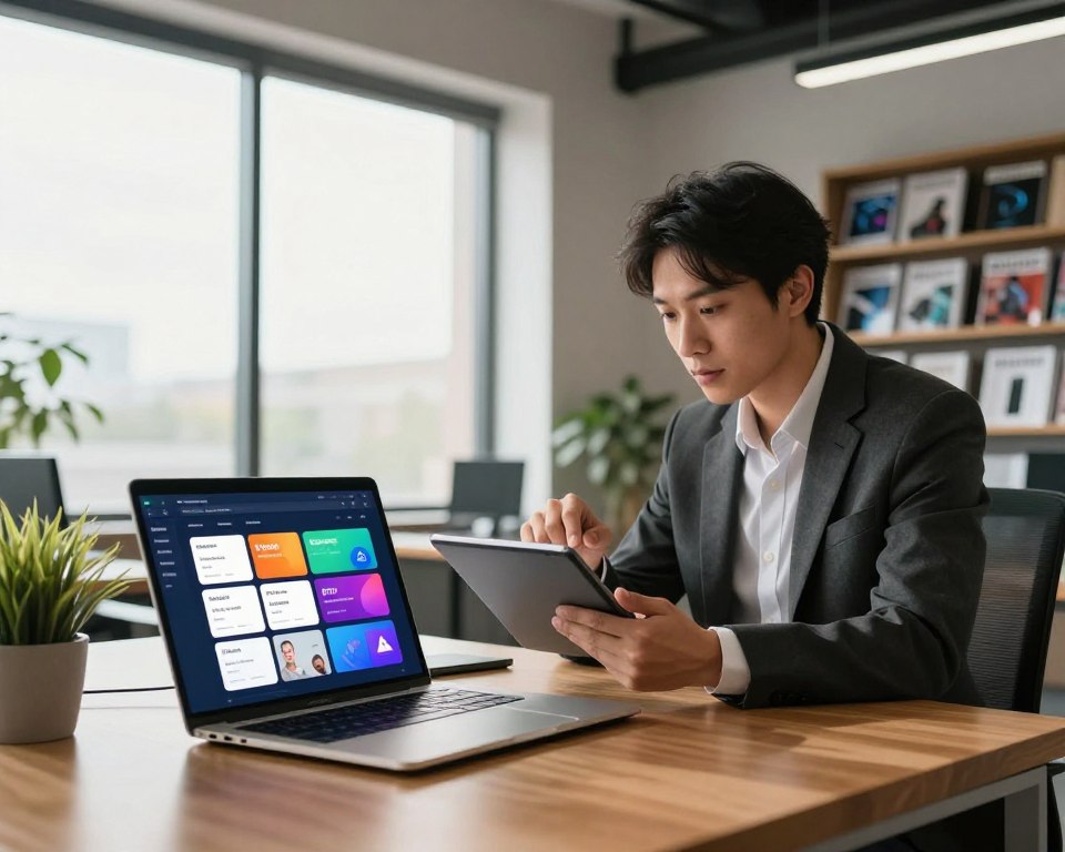 A professional scene depicting a modern office environment showcasing flexible IPTV subscription options. In the foreground, a sleek wooden desk with a laptop open to a colorful dashboard displaying various subscription plans. Next to it, a potted plant adds a touch of greenery. In the middle ground, an individual in business attire is engaging with a digital tablet, analyzing the options with a focused expression. The background features a large window with natural light pouring in, illuminating the space with a warm glow, and a bookshelf filled with technology magazines. The atmosphere is dynamic yet professional, conveying innovation and versatility in IPTV services. Use a wide-angle lens to capture the full scene with depth.