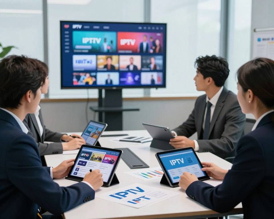 A professional setting depicting a selection process for IPTV subscriptions. In the foreground, a diverse group of three business professionals in smart attire, engaged in a discussion over digital tablets displaying various IPTV interface options. The middle ground features a sleek, modern conference table adorned with charts and graphs highlighting different IPTV subscription criteria such as content variety, streaming quality, and customer support. The background includes a large screen displaying vibrant IPTV channels, creating a lively atmosphere. Soft, natural lighting filters in through large windows, enhancing the professionalism of the environment and generating a sense of trust and clarity. The overall mood is focused and dynamic, emphasizing decision-making and technological advancement.