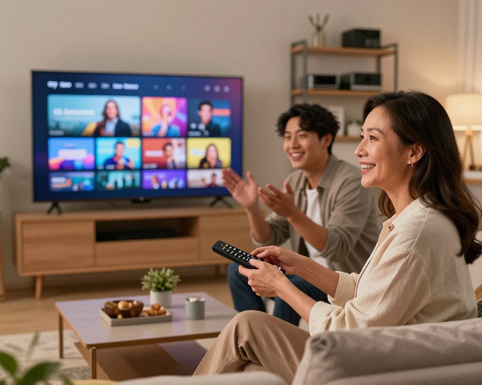 A professional setting featuring a diverse group of satisfied customers engaging with a sleek IPTV system. In the foreground, a middle-aged woman in smart casual attire smiles while adjusting a remote control, showcasing her enjoyment. To her sides, a young couple, dressed in professional clothing, discusses their favorite channels with excitement. The background features a modern living room with a large, vibrant screen displaying colorful content related to premium channels, creating an inviting atmosphere. Soft, warm lighting highlights their expressions, emphasizing satisfaction and engagement. A cozy couch and decorative accents provide a touch of homeliness, while a well-organized shelf with media devices adds a technological vibe. The composition should evoke a sense of comfort and happiness, reflecting a positive user experience.