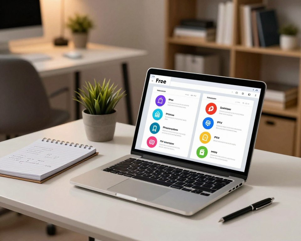 A professional setting focusing on the comparison of IPTV subscription services. In the foreground, a sleek modern laptop displaying a side-by-side comparison chart with colorful icons representing both free and subscription-based IPTV services. Beside it, a notepad with notes and a pen, indicating analysis and decision-making. In the middle ground, a minimalist office workspace with a comfortable chair and a small potted plant for a touch of greenery. The background features soft-focus shelves filled with books on technology and media. The lighting is warm and inviting, creating a motivating atmosphere. The angle is slightly angled from above, highlighting both the laptop and the workspace, emphasizing an analytical and thoughtful mood.