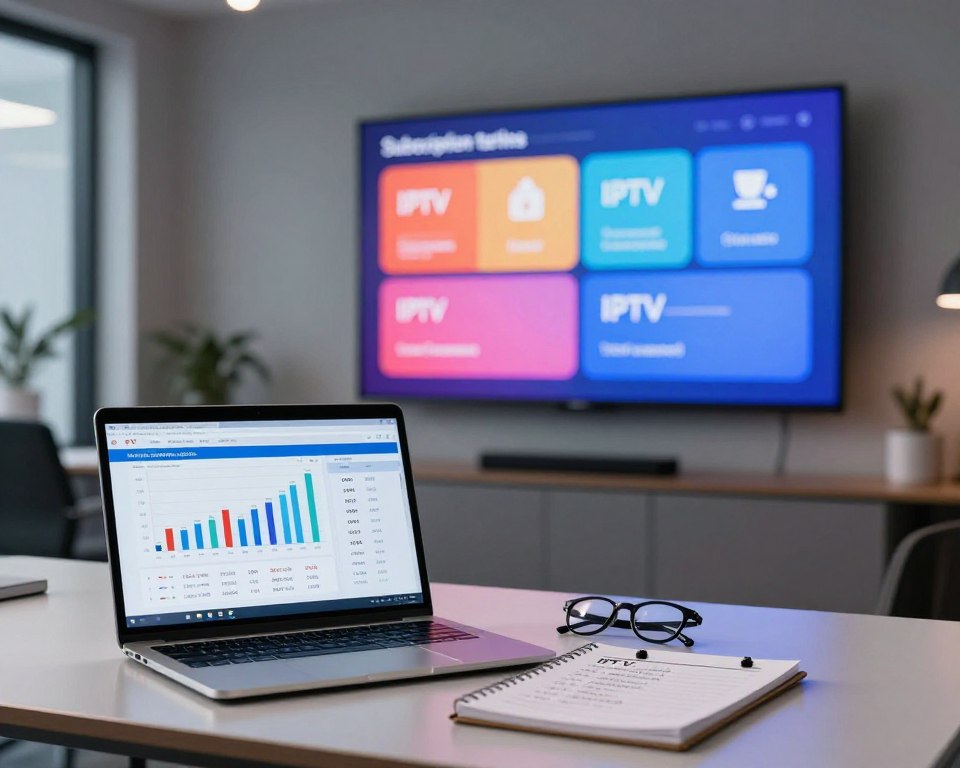 A professional setting showcasing a detailed analysis of IPTV subscription tariffs. In the foreground, a sleek, modern desk with a laptop displaying graphs and charts depicting subscription prices and options. A pair of glasses and a notepad filled with notes on IPTV features lie beside it. In the middle, a focus on a large, vibrant screen mounted on the wall, showing a visual comparison of different IPTV plans with icons representing channels. The background features a stylish office environment with soft, ambient lighting, accentuating a serious but inviting atmosphere. The overall mood conveys professionalism and clarity, suitable for a business analysis.